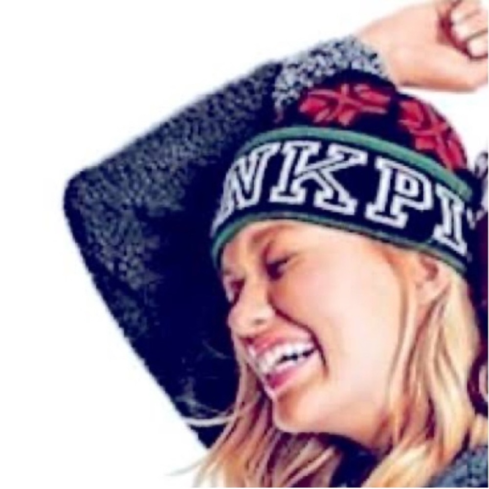 PINK Victoria's Secret Beanie Hat Black Holiday SNOWFLAKE Pom Pom One Size